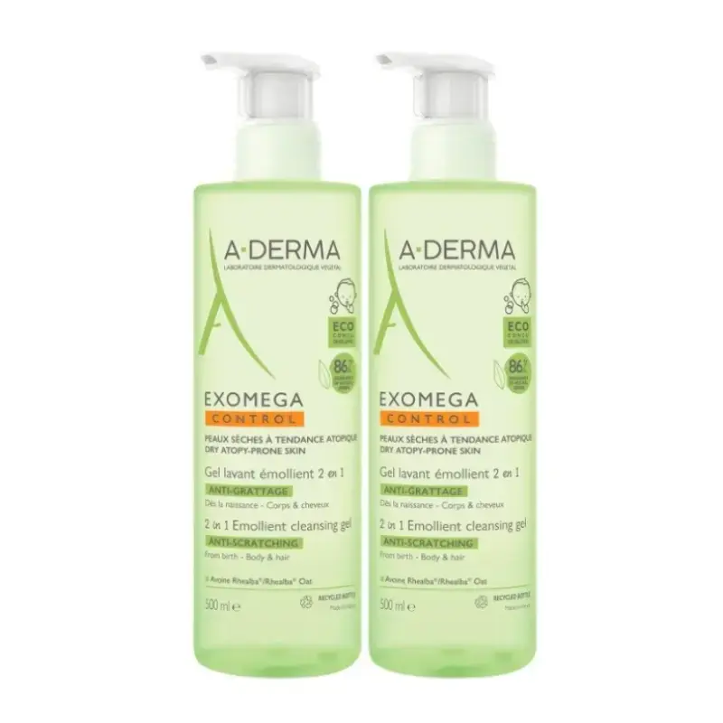 A-derma - Πακετο Προσφορας Exomega Control 2in1 Emollient Cleansing Gel Anti-scratching Μαλακτικό Gel Καθαρισμού Κατά Του Κνησμού - 2x500ml