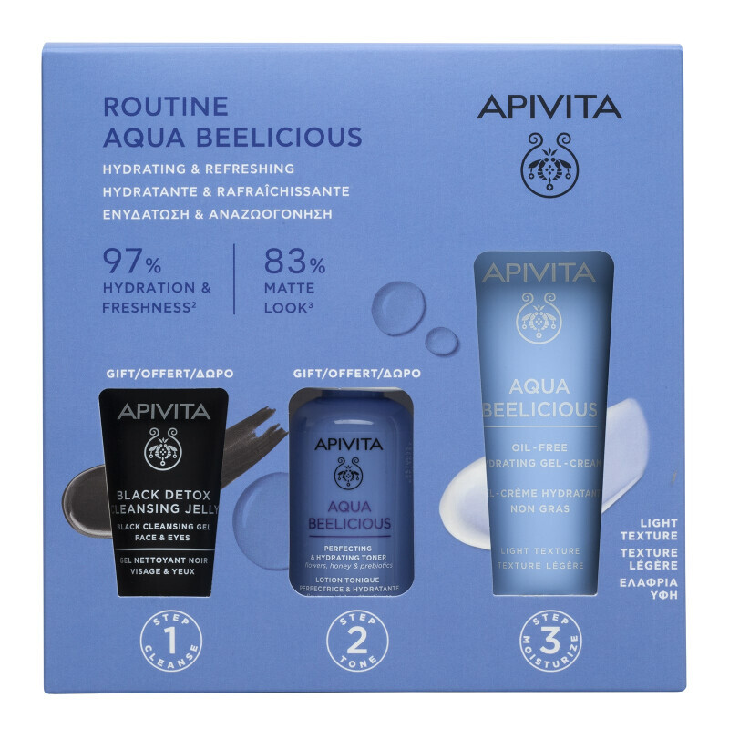 Apivita - Πακετο Προσφορας Routine Aqua Beelicious Oil Free Hydrating Gel Cream Light (40ml) & Toner (50ml) & Black Cleansing Gel (15ml) - 3τμχ