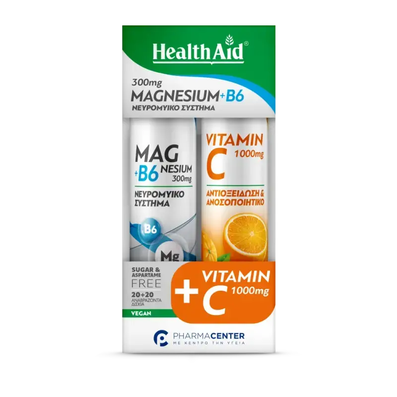 Health Aid - Πακετο Προσφορας Magnesium (300mg) + B6 & Vitamin C 1000mg Πορτοκάλι - 2x20eff.tabs