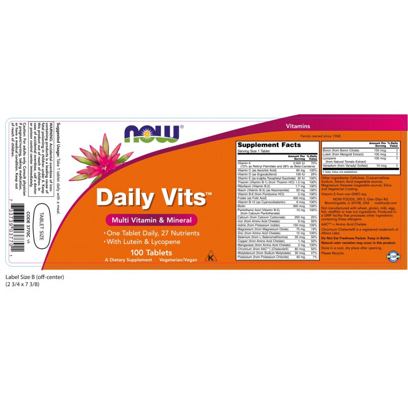 Now Daily Vits Multi Vitamin & Mineral With Lutein & Lycopene 100tabs