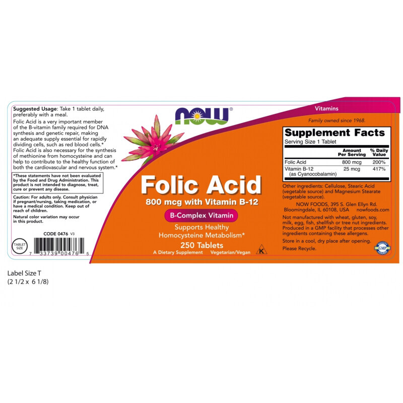 Now Folic Acid 800mcg & Vitamin B12 250tabs