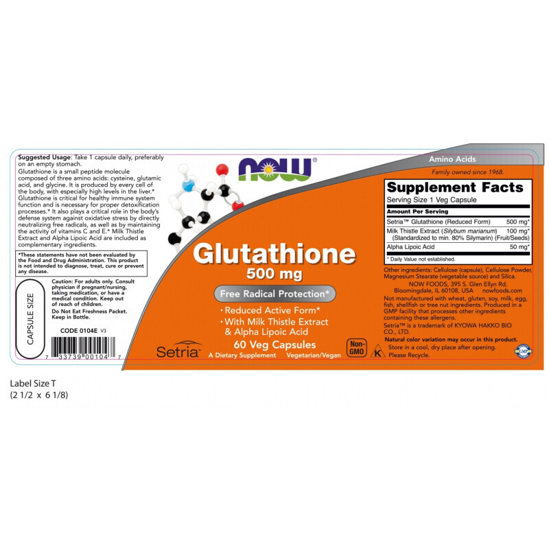 Now Glutathione 500mg With Milk Thistle Extract & Alpha Lipoic Acid 60caps