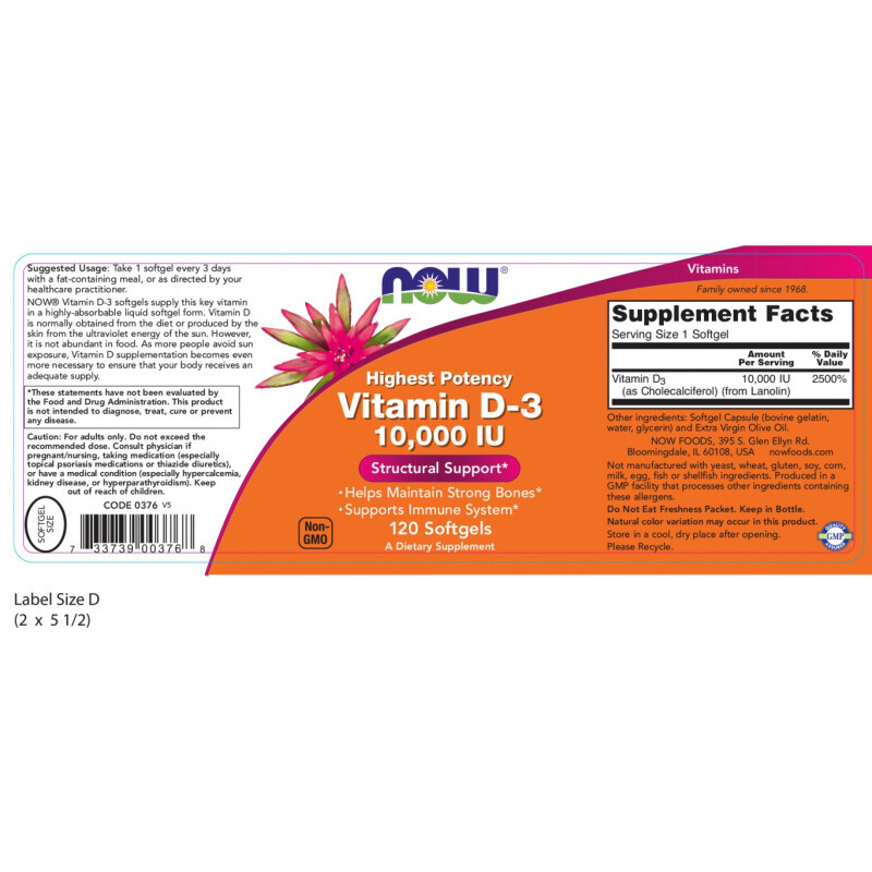 Now Vitamin D3 10000iu Υγεία Οστών 120softgels