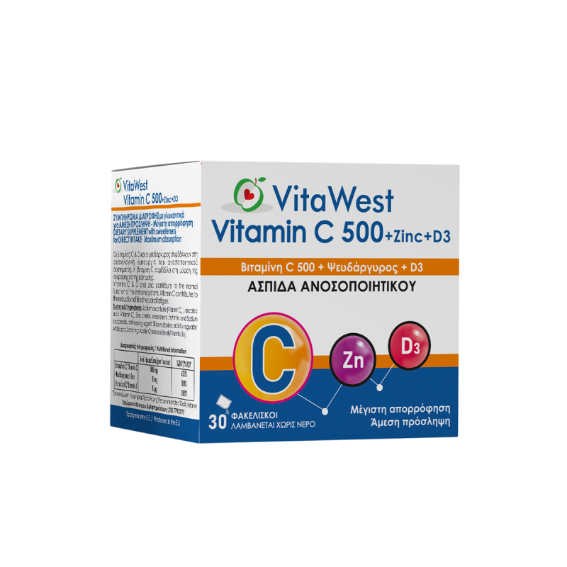 Vitawest - Vitamin C 500 + Zinc + D3 Συμπλήρωμα Διατροφής Για Ασπίδα Ανοσοποιητικού - 30φακ